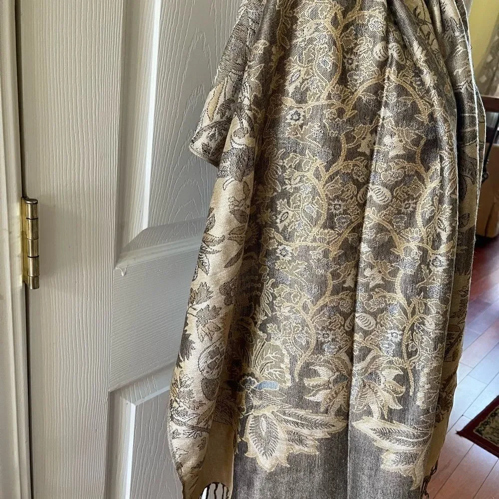 Pashmina 30%silk soft Shawl,Scarf Gold,brown with fringe length 70” with 28”